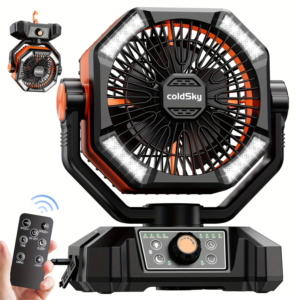 20000mAh Battery Powered Camping Fan  Dual Motor 8Speed Remote Control  4 LED Lanterns Portable Outdoor Fan with Tent Hook for Camping Blackouts Construction Sites